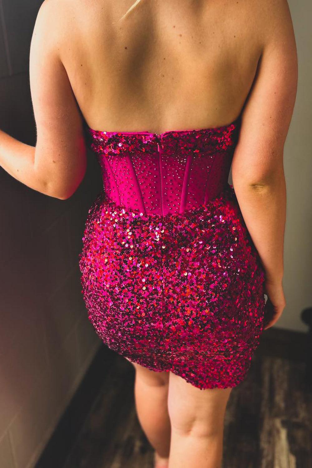 Sparkly Fuchsia Strapless Bodycon Sequins Short Corset Homecoming Dress with Beading