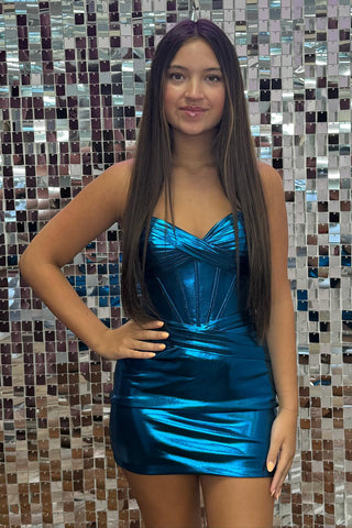 Metallic Blue Strapless Bodycon Ruched Short Homecoming Dress 