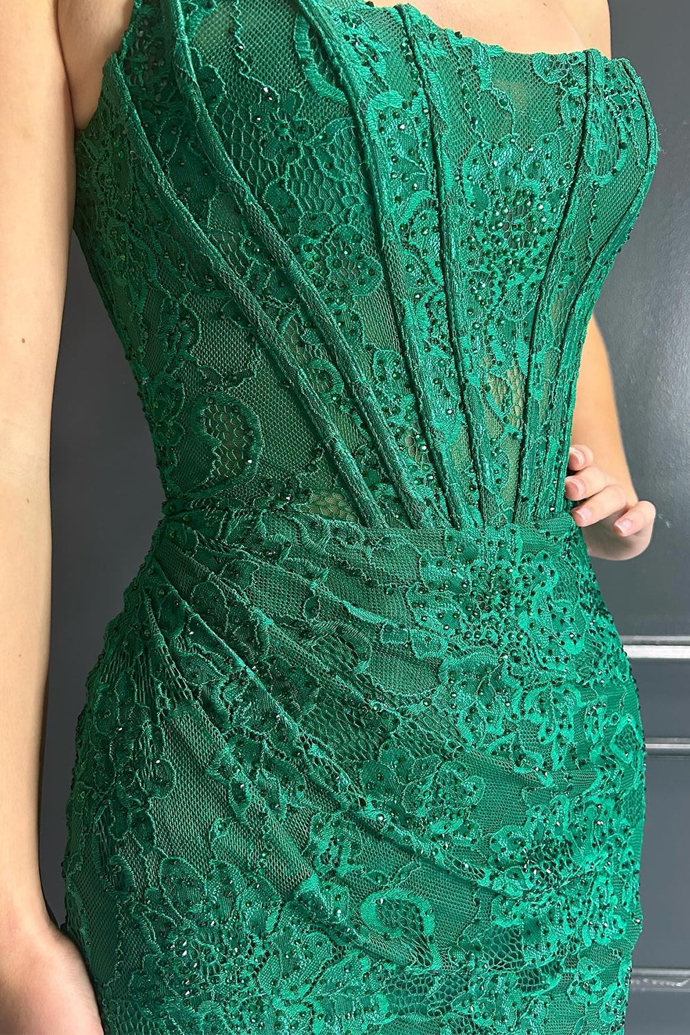 Dark Green Strapless Lace Bodycon Short Corset Homecoming Dress 