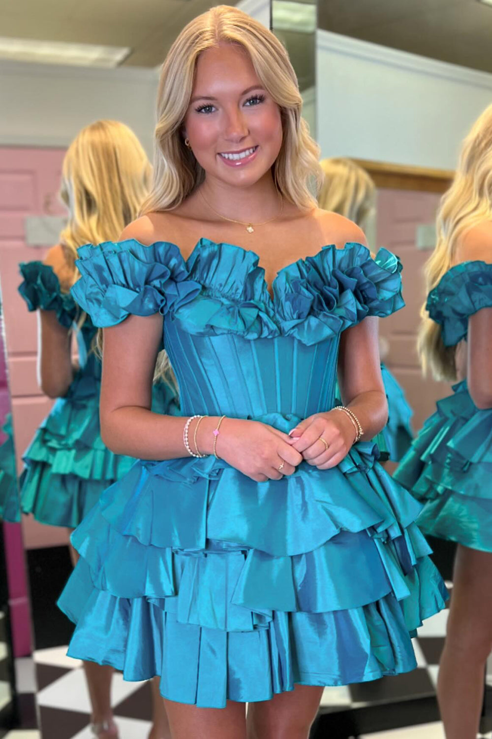 Blue Off the Shoulder A-Line Short Corset Homecoming Dress with Ruffles