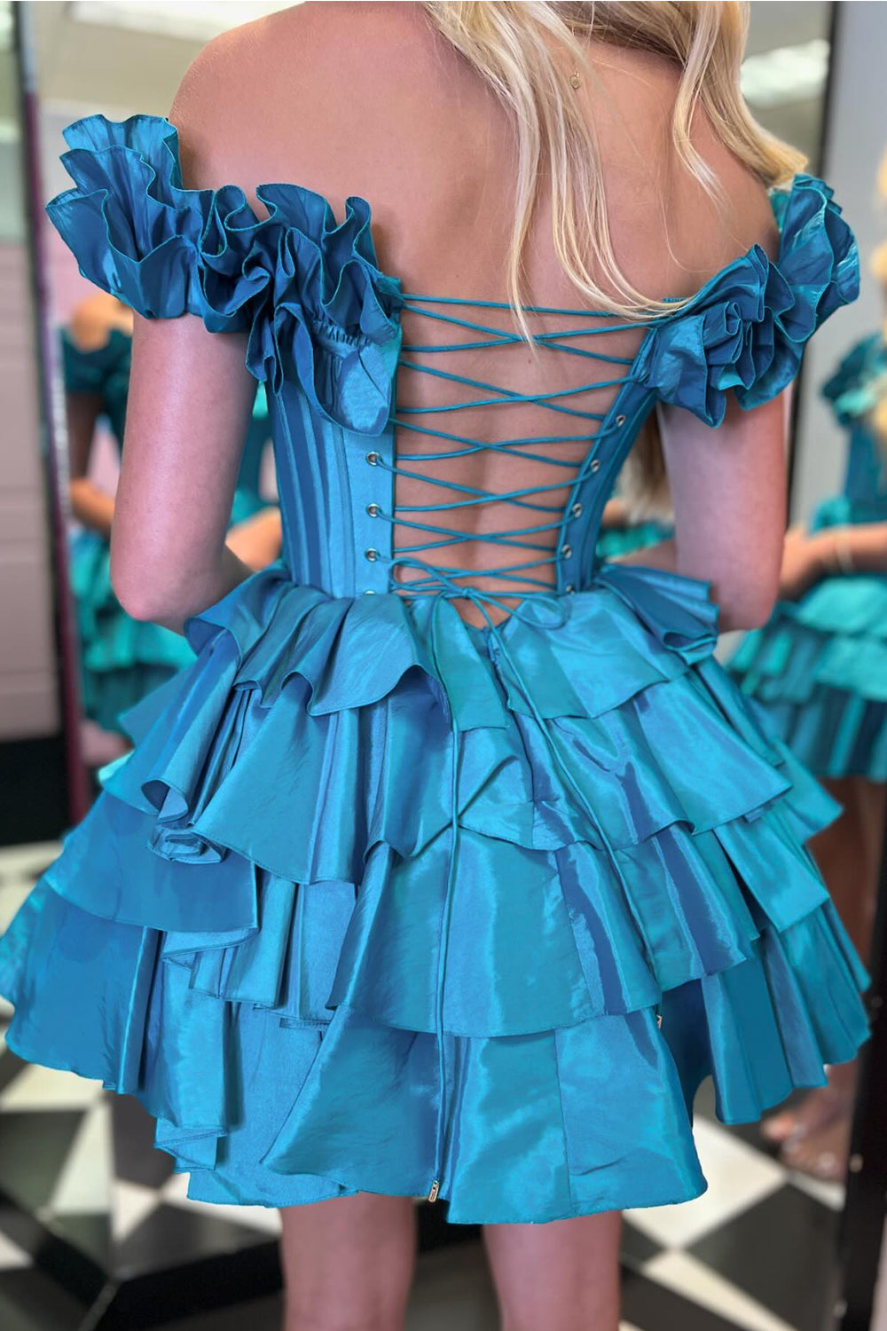 Blue Off the Shoulder A-Line Short Corset Homecoming Dress with Ruffles