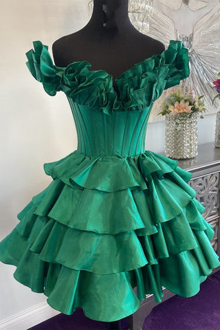Yellow Off the Shoulder A-Line Short Corset Homecoming Dress with Ruffles