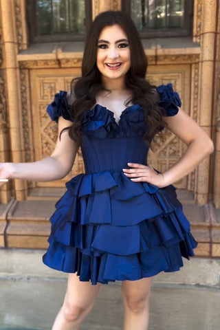 Blue Off the Shoulder A-Line Short Corset Homecoming Dress with Ruffles