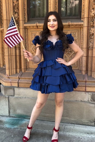Blue Off the Shoulder A-Line Short Corset Homecoming Dress with Ruffles