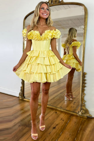 Blue Off the Shoulder A-Line Short Corset Homecoming Dress with Ruffles