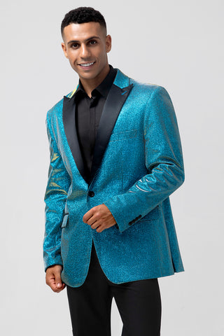 Glitter Peacock Blue Peak Lapel 2 Pieces Prom Men's Suits