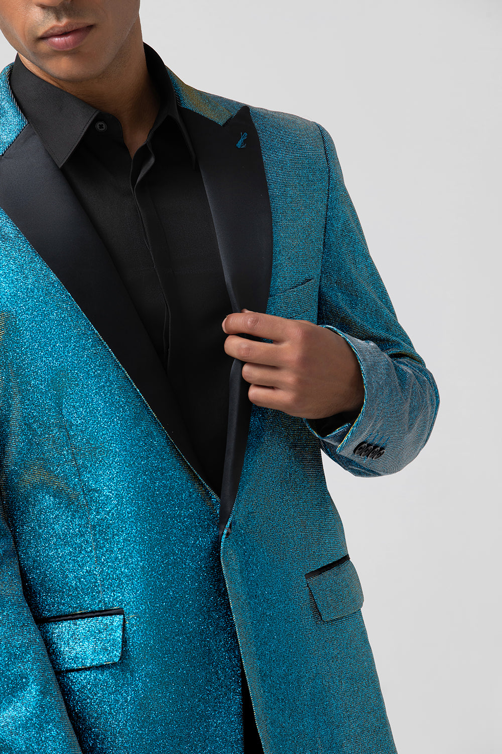 Glitter Peacock Blue Peak Lapel 2 Pieces Prom Men's Suits
