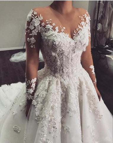 Long Sleeves Overskirt Wedding Dress With 3D Floral Appliques
