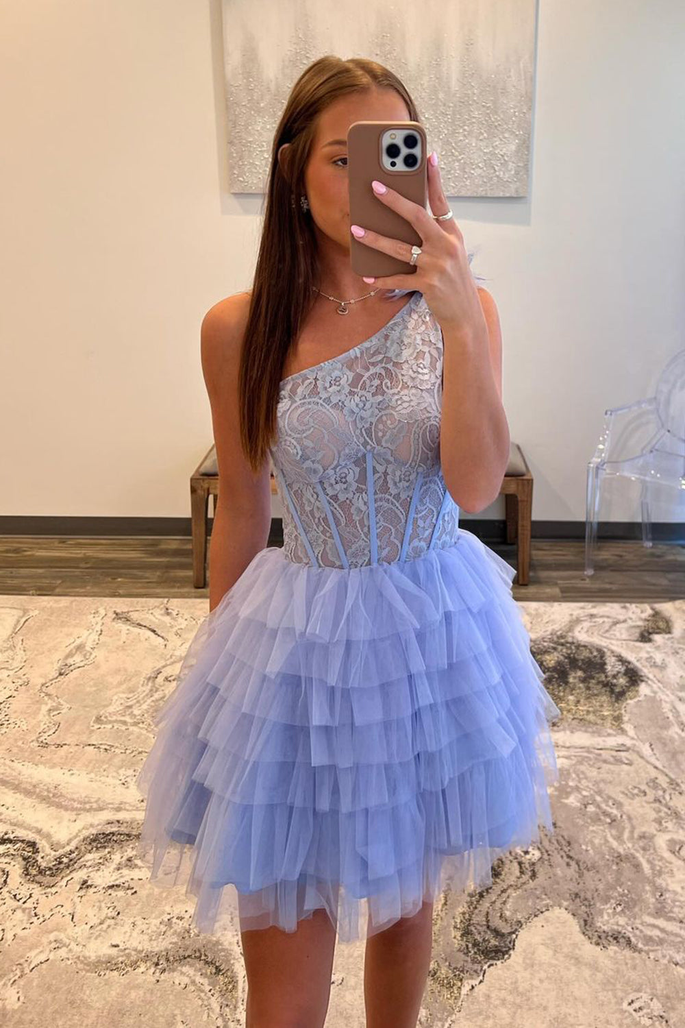 Lilac One Shoulder Tulle A-Line Tiered Short Corset Homecoming Dress 