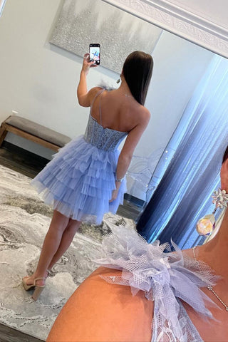 Lilac One Shoulder Tulle A-Line Tiered Short Corset Homecoming Dress 