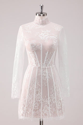 White Lace High Neck Long Sleeves Short Homecoming Dress 