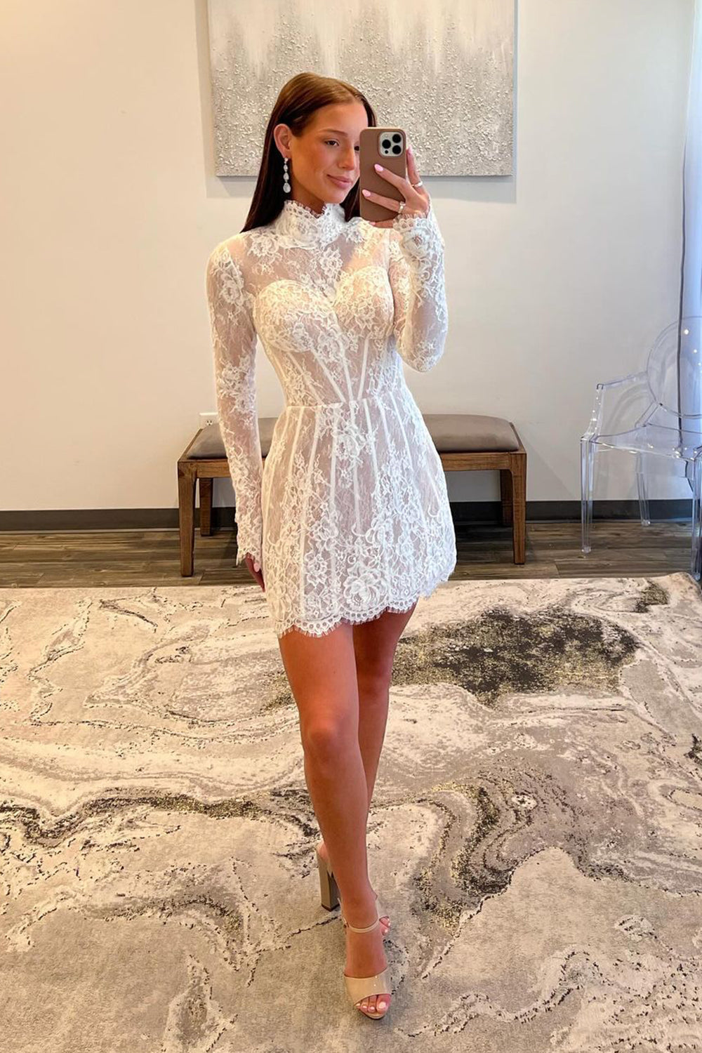 White Lace High Neck Long Sleeves Short Homecoming Dress 
