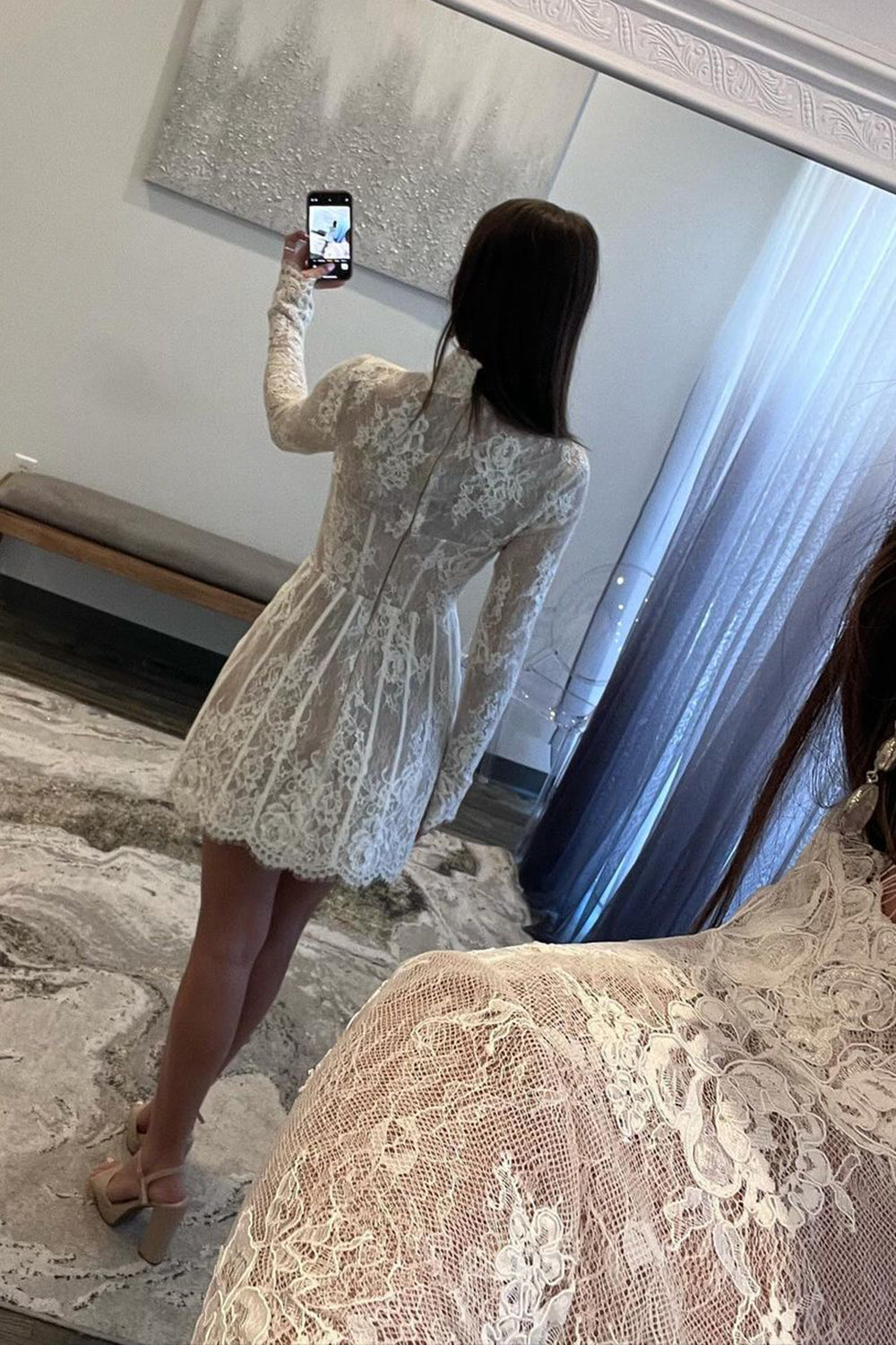 White Lace High Neck Long Sleeves Short Homecoming Dress 