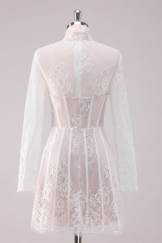 White Lace High Neck Long Sleeves Short Homecoming Dress 