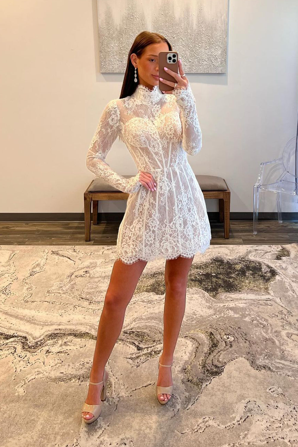White Lace High Neck Long Sleeves Short Homecoming Dress 
