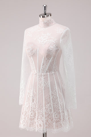 White Lace High Neck Long Sleeves Short Homecoming Dress 