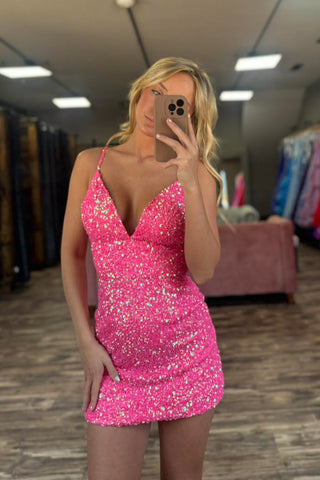 Sparkly Fuchsia Spaghetti Straps Sequins Bodycon Short Homecoming Dress 