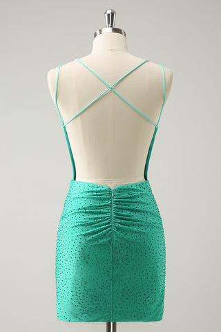 Glitter Green Spaghetti Straps Bodycon Homecoming Dress with Beading