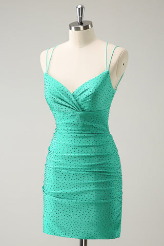 Glitter Green Spaghetti Straps Bodycon Homecoming Dress with Beading