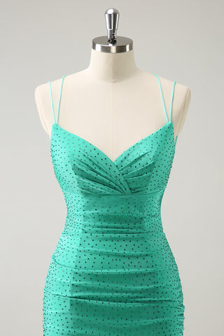 Glitter Green Spaghetti Straps Bodycon Homecoming Dress with Beading