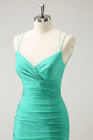 Glitter Green Spaghetti Straps Bodycon Homecoming Dress with Beading