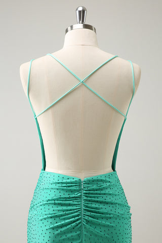 Glitter Green Spaghetti Straps Bodycon Homecoming Dress with Beading