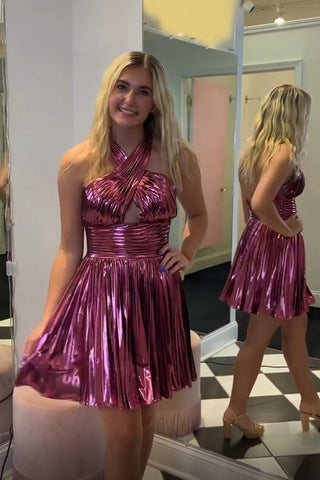 Metallic Golden Halter Neck A-Line Pleated Short Homecoming Dress 