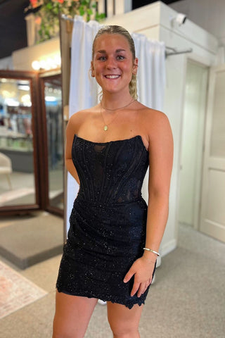 Glitter Black Strapless Bodycon Ruched Short Corset Homecoming Dress with Beading