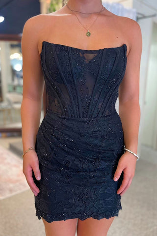 Glitter Black Strapless Bodycon Ruched Short Corset Homecoming Dress with Beading