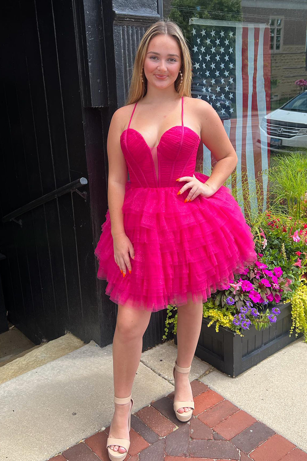 Glitter Blue Spaghetti Straps A-Line Tulle Tiered Short Corset Homecoming Dress