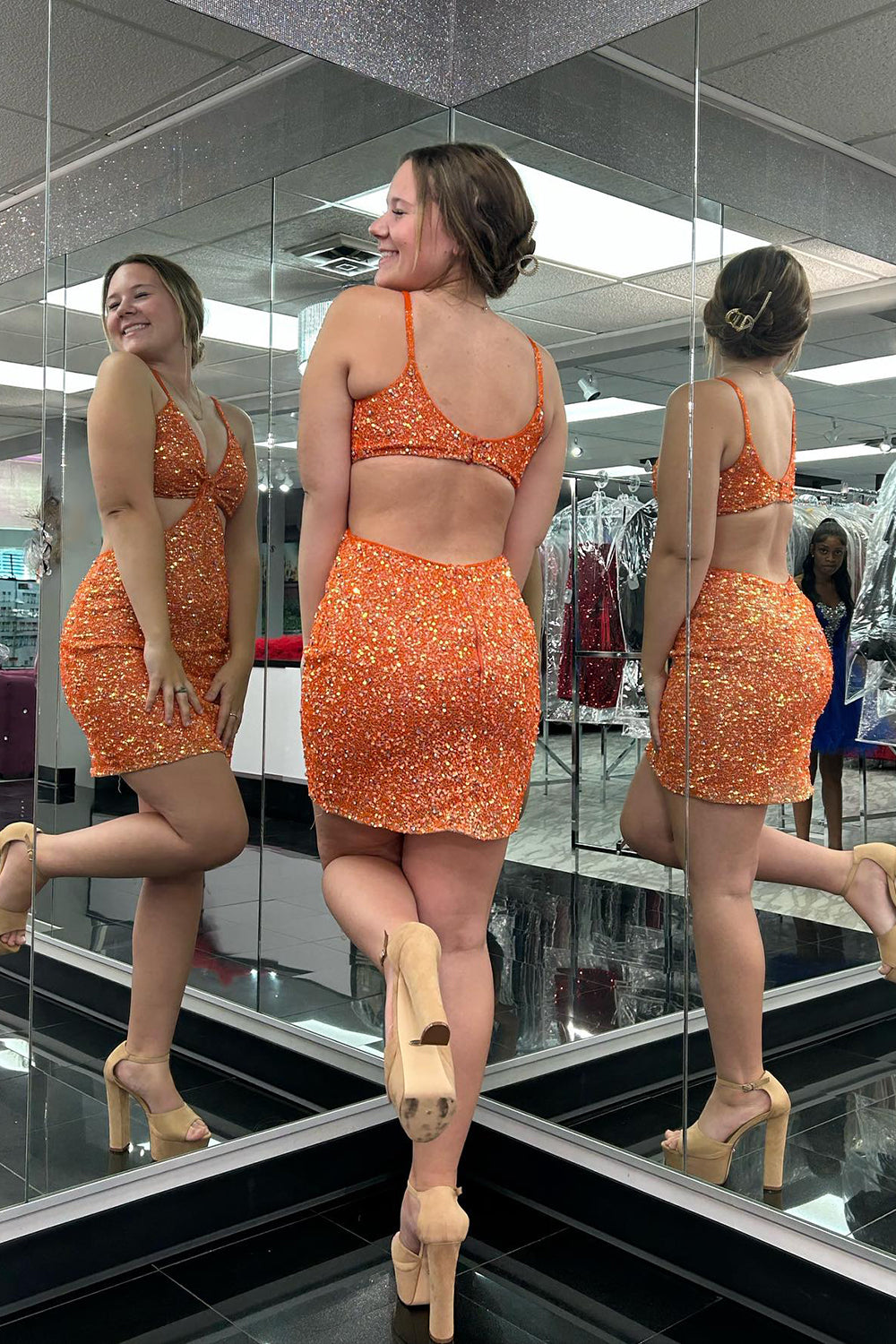 Sparkly Orange Spaghetti Straps Sequins Short Homecoming Dress 