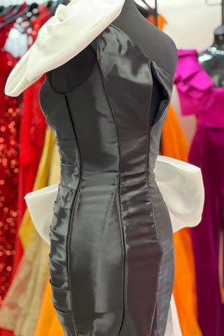 Black One Shoulder Satin Bodycon Short Homecoming Dress with Bow