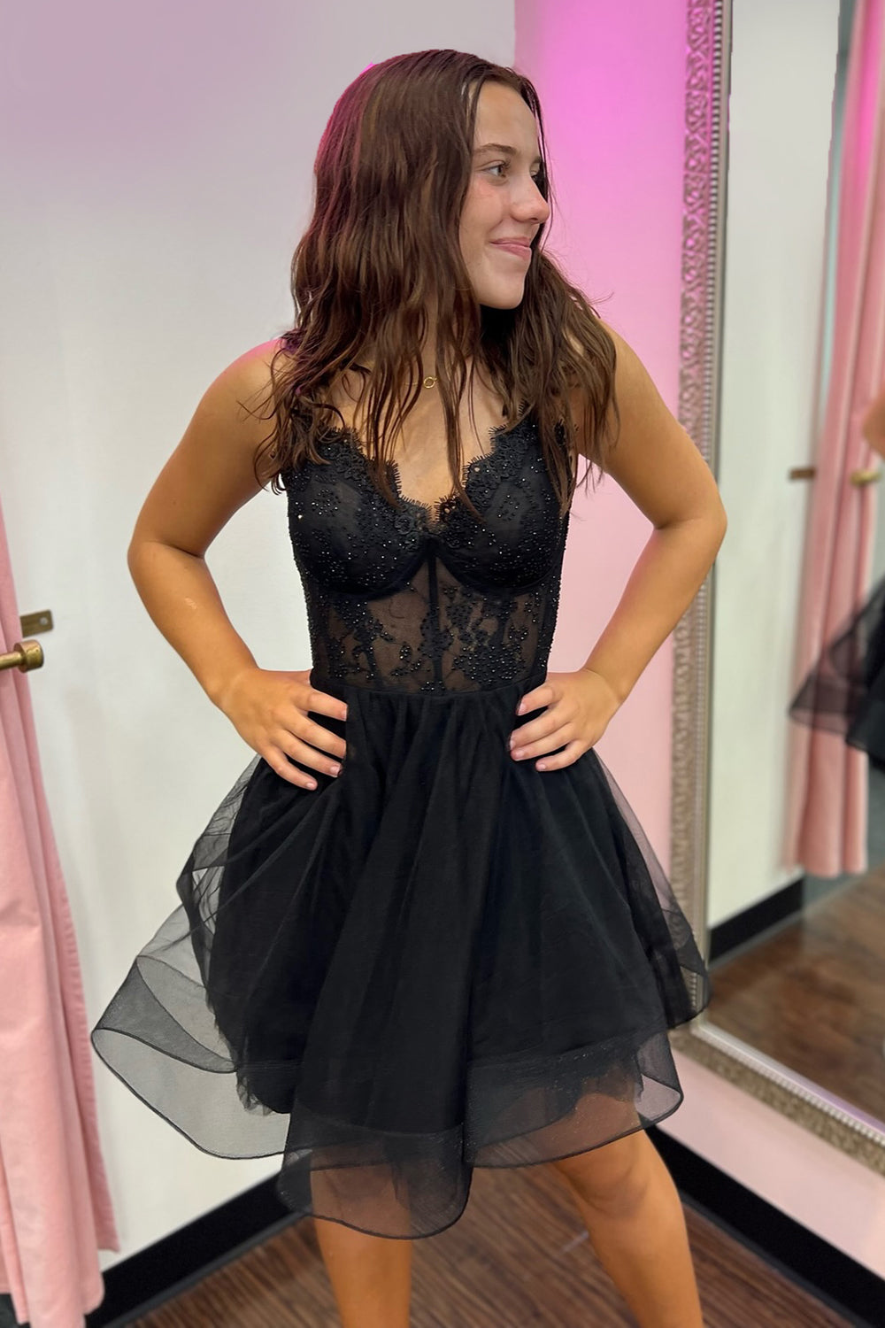 Black Spaghetti Straps A-Line Corset Short Homecoming Dress with Appliques