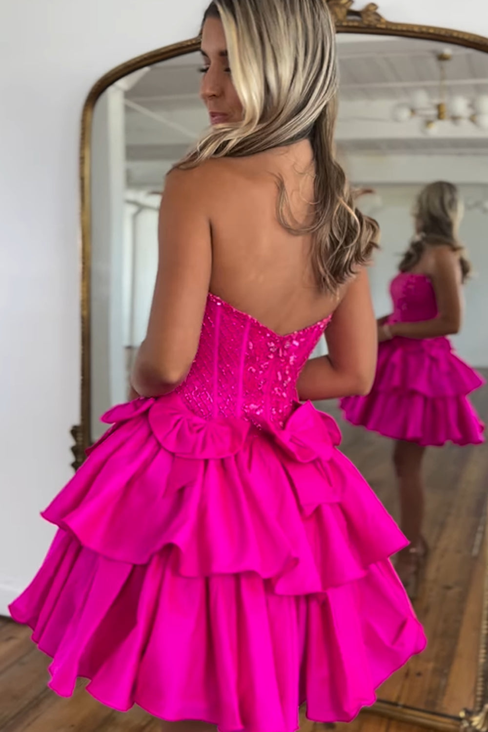 Fuchsia Strapless A-Line Tiered Short Homecoming Dress with Beading