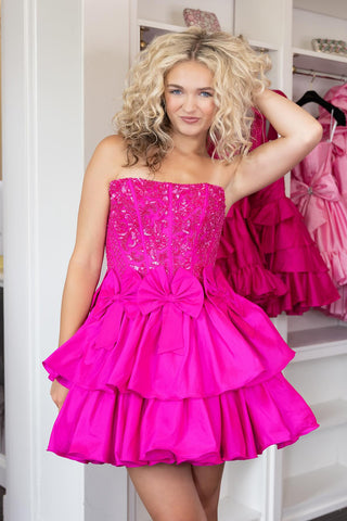 Fuchsia Strapless A-Line Tiered Short Homecoming Dress with Beading
