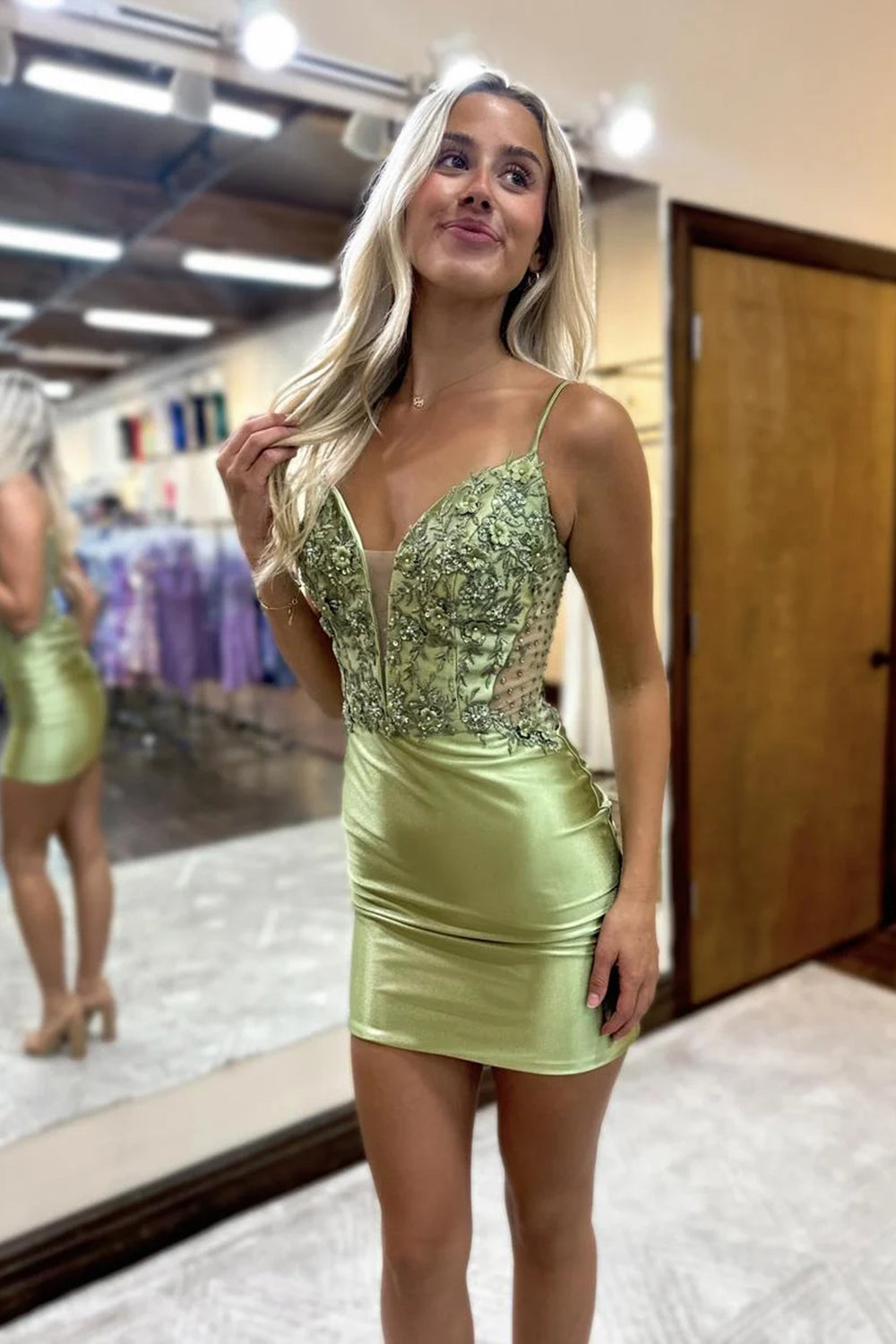 Sage Spaghetti Straps Satin Bodycon Short Homecoming Dress with Appliques