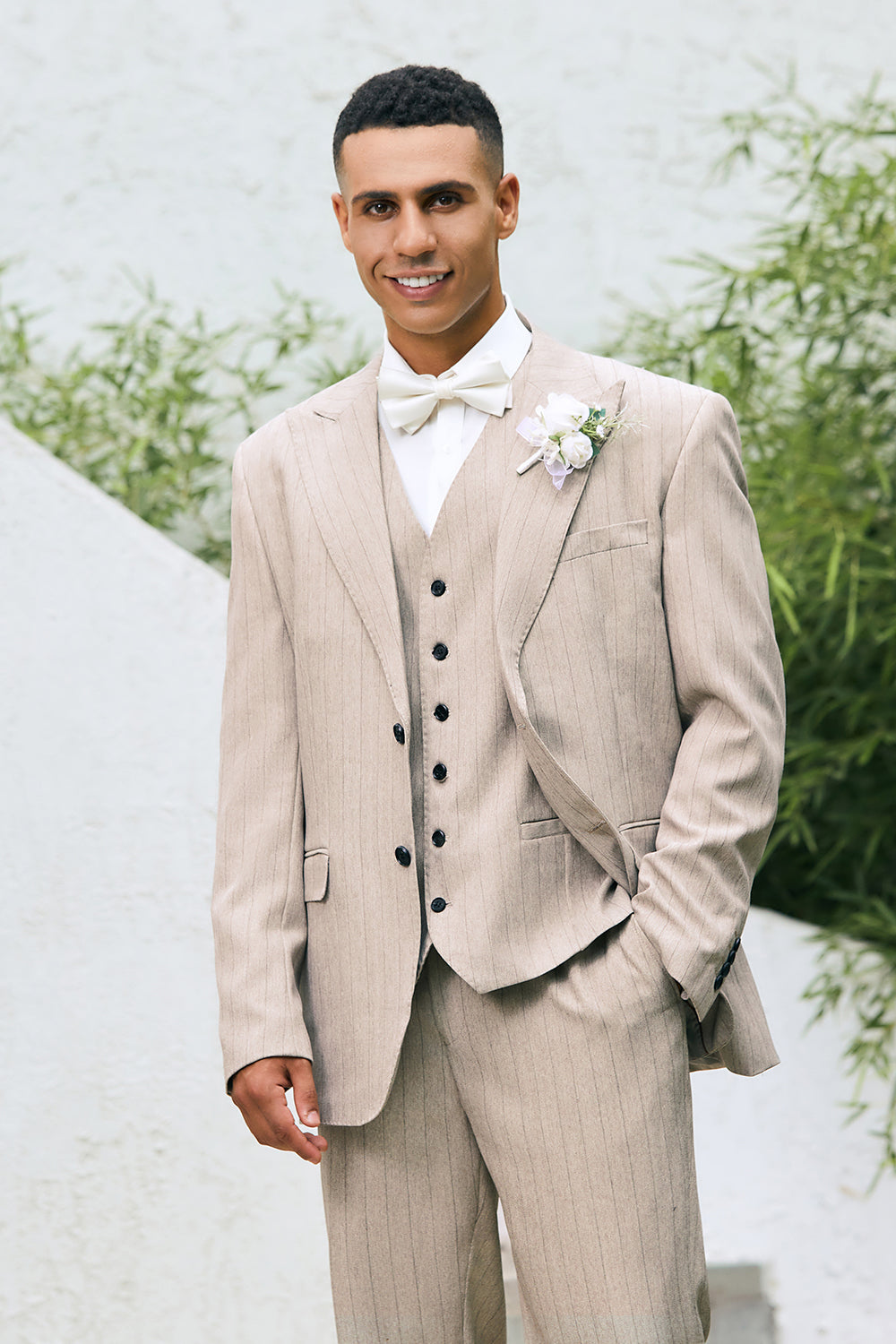 Ivory Peak Lapel Pinstripe 3 Pieces Formal Prom Men's Suits