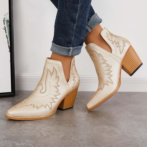 Western Ankle Cowgirl Boots Slip on Cutout Chunky Heel Booties