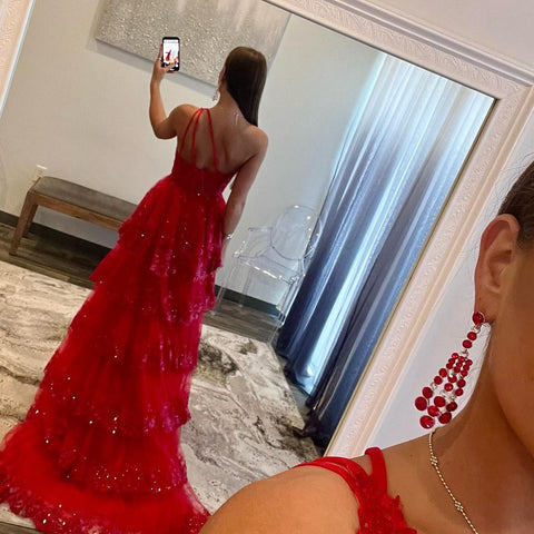 Sheath One Shoulder Tiered Lace Long Prom Dress
