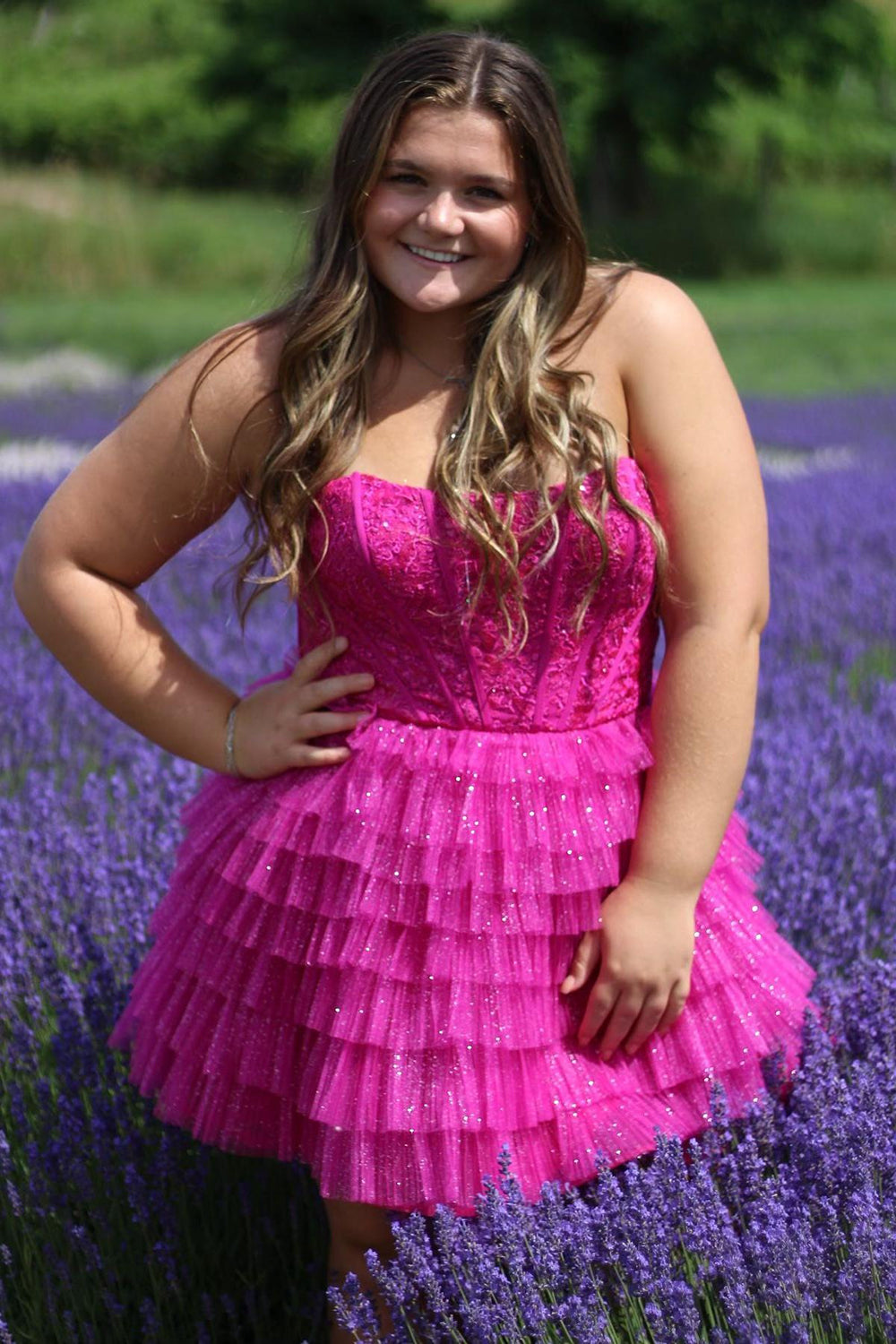 Purple Sweetheart Tulle A-Line Ruffled Corset Short Homecoming Dress with Appliques