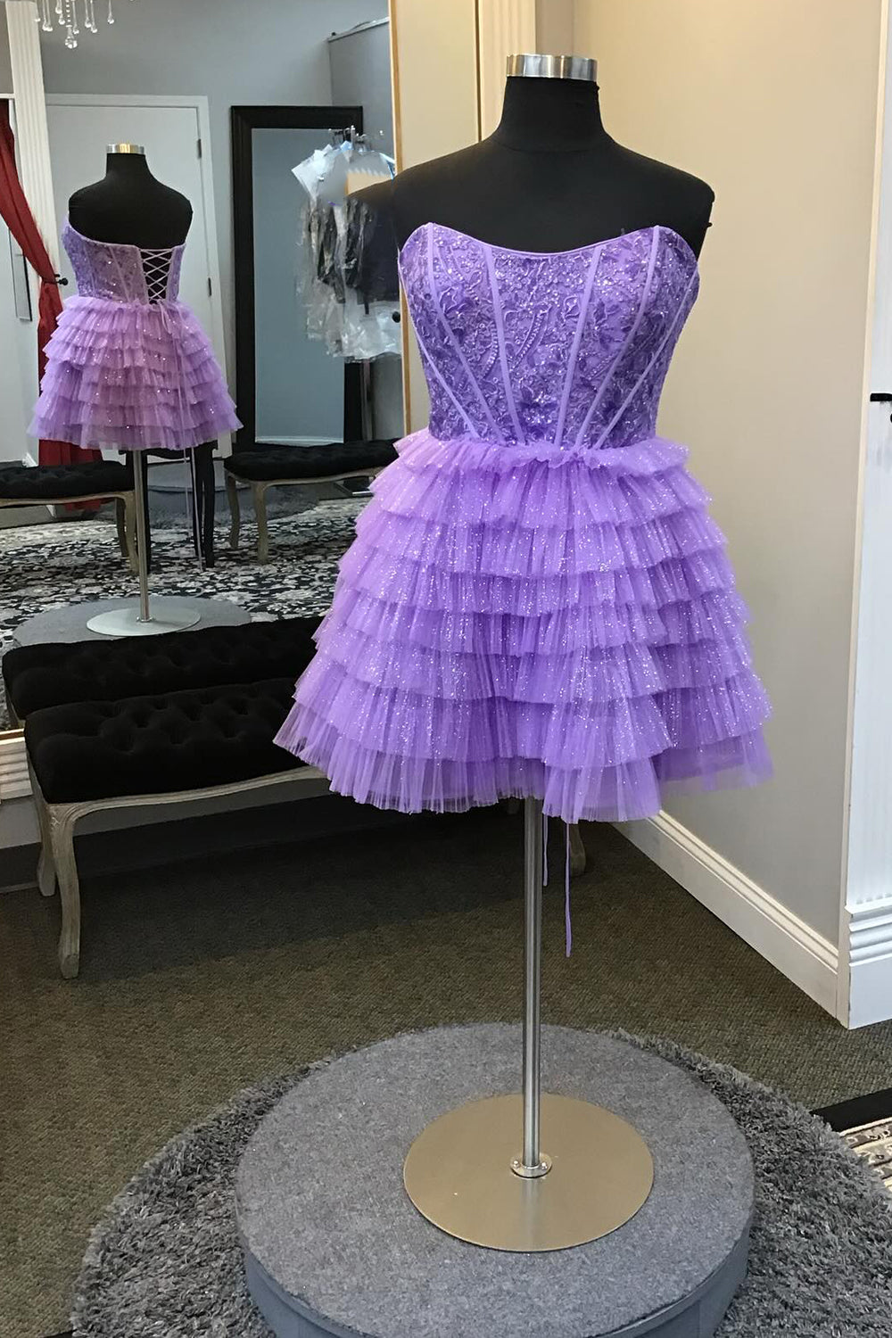 Purple Sweetheart Tulle A-Line Ruffled Corset Short Homecoming Dress with Appliques