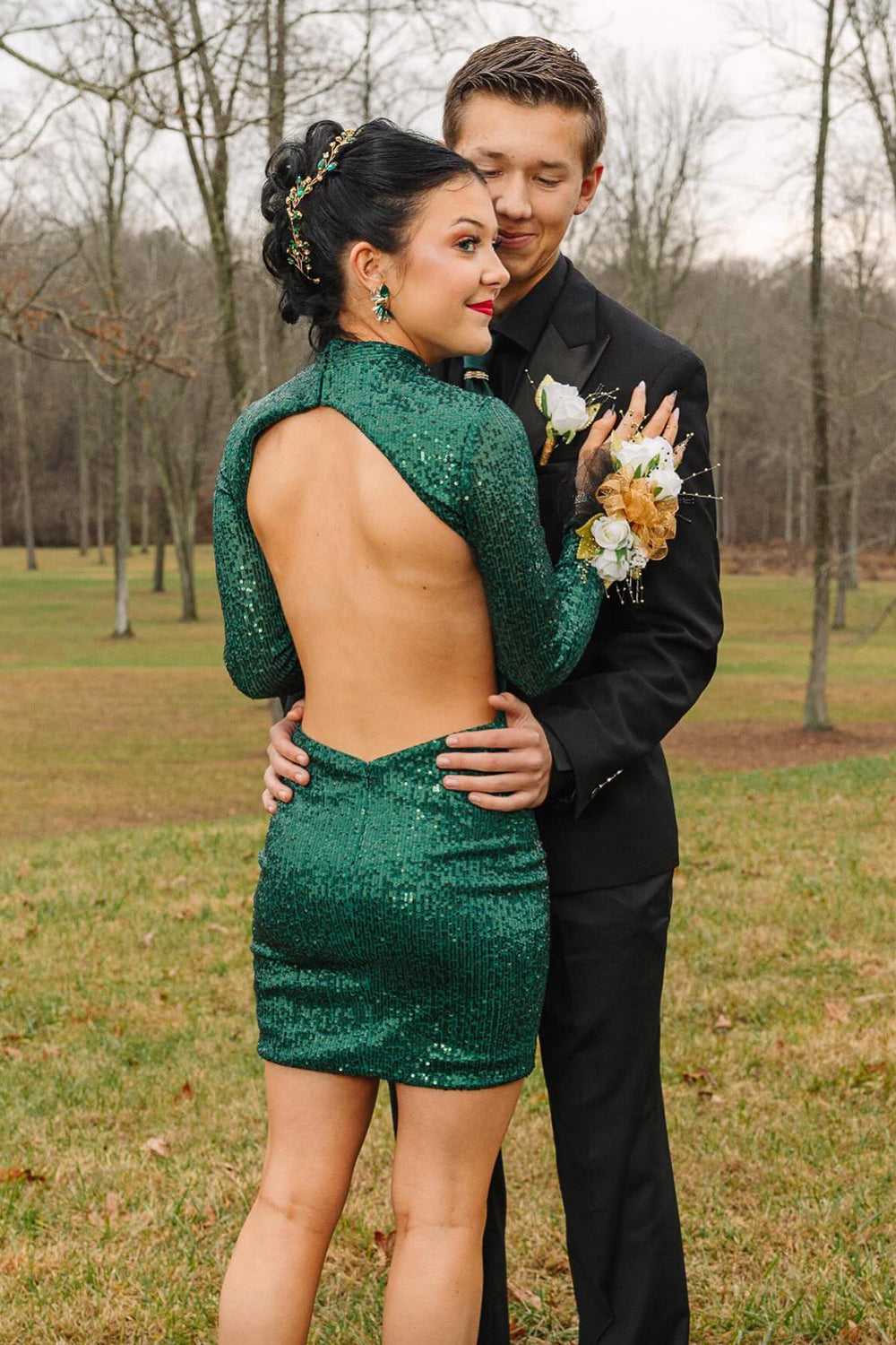 Sparkly Dark Green Long Sleeves Sequins Bodycon Short Homecoming Dress with Open Back