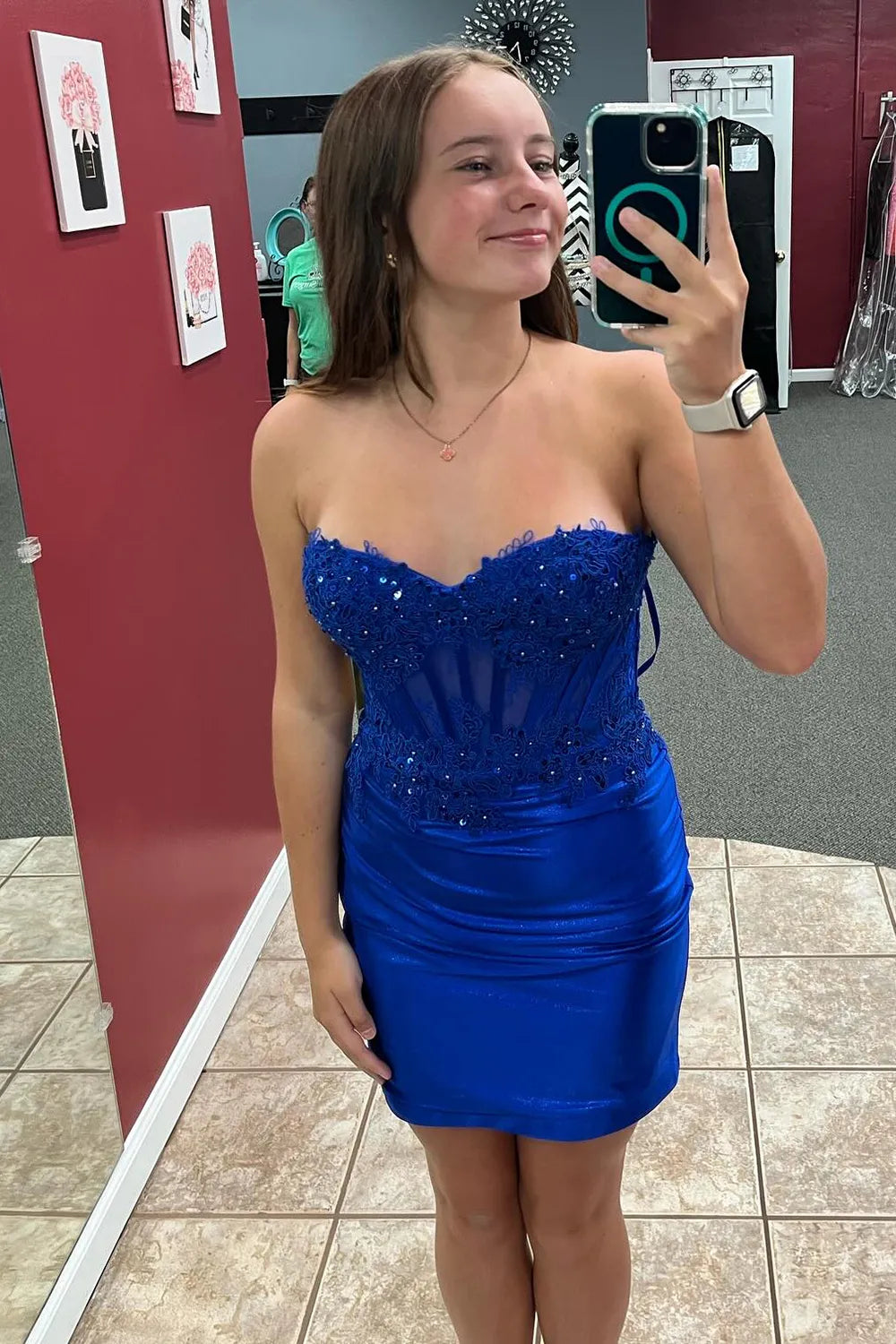 Fuchsia Strapless Bodycon Satin Short Corset Homecoming Dress with Appliques