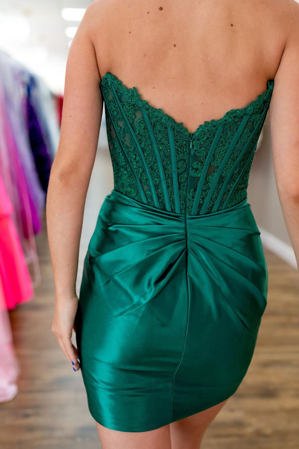 Dark Green Strapless Bodycon Satin Short Corset Homecoming Dress