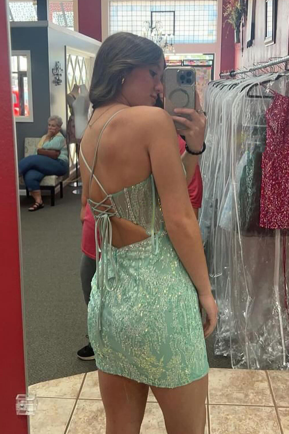 Light Green Spaghetti Straps Sequins Bodycon Corset Short Homecoming Dress