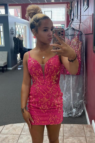 Sparkly Orange Spaghetti Straps Sequins Bodycon Short Homecoming Dress