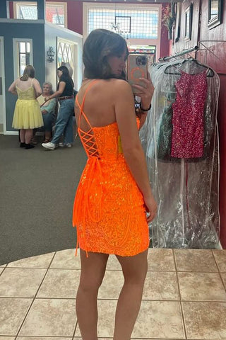 Sparkly Orange Spaghetti Straps Sequins Bodycon Short Homecoming Dress