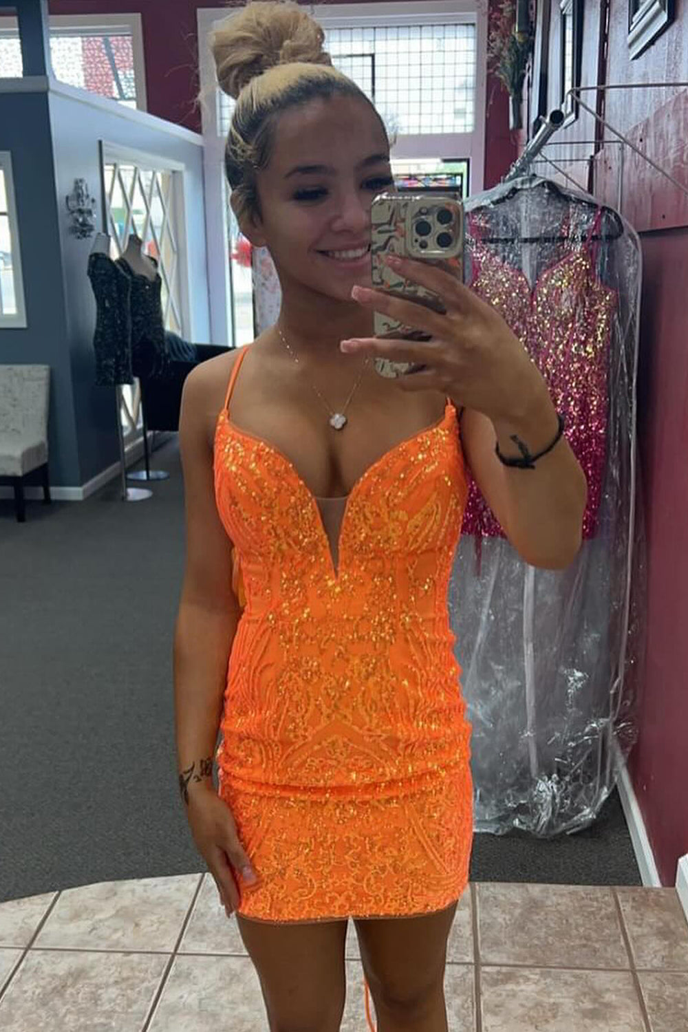 Sparkly Orange Spaghetti Straps Sequins Bodycon Short Homecoming Dress