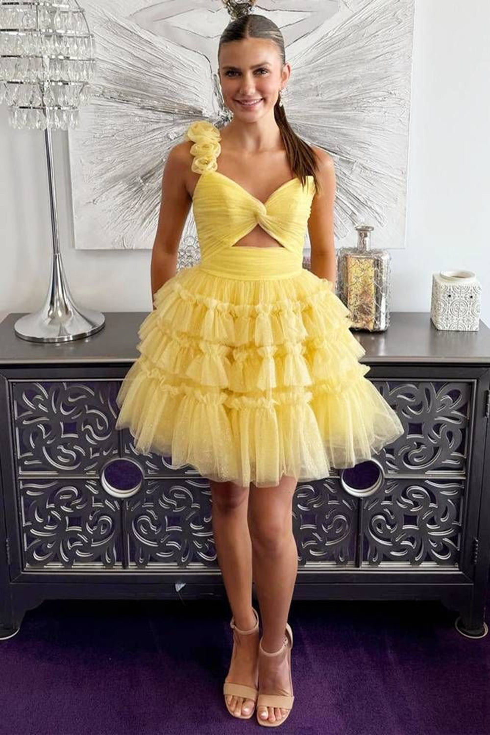 Yellow One Shoulder A-Line Tulle Tiered Short Homecoming Dress 