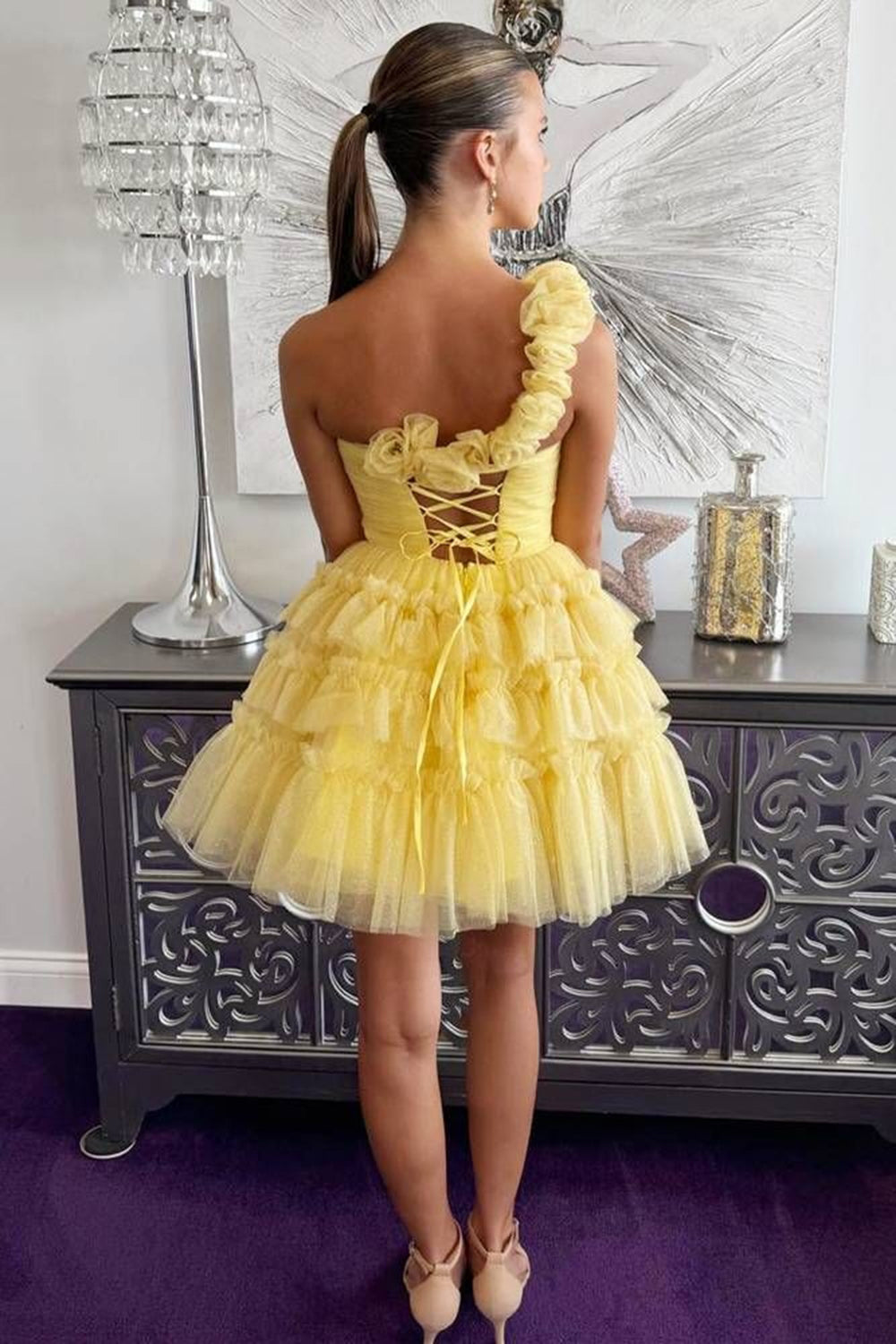 Yellow One Shoulder A-Line Tulle Tiered Short Homecoming Dress 